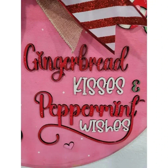 Gingerbread Kissed and Peppermint Wishes Wooden Round 15" Christmas‎ Door Hanger - Picture 3 of 5